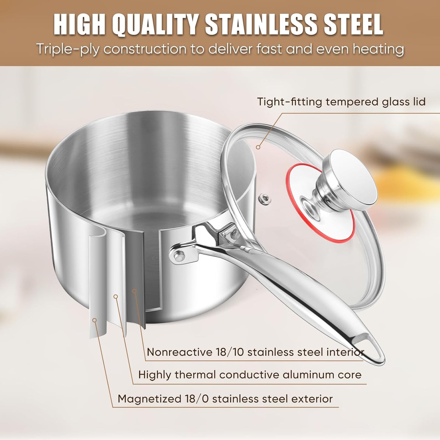 1/2/3QT Saucepan with Lid Set of 3, E-far 18/10 Stainless Steel Sauce Pan Pot Metal Triply Cookware for Kitchen Cooking Pasta Warming Milk Boiling Water, Induction Ready & Heavy Duty