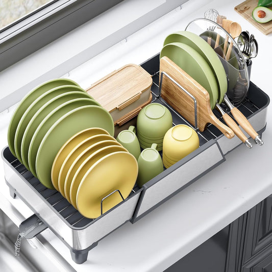 Triple Expandable Dish Drying Rack, Extra Large Dish Rack for Kitchen Counter, Stainless Steel Dish Drying Rack, Foldable Dishes Drainer, Extendable Dish Strainer with Utensil & Pans Holder, Gray
