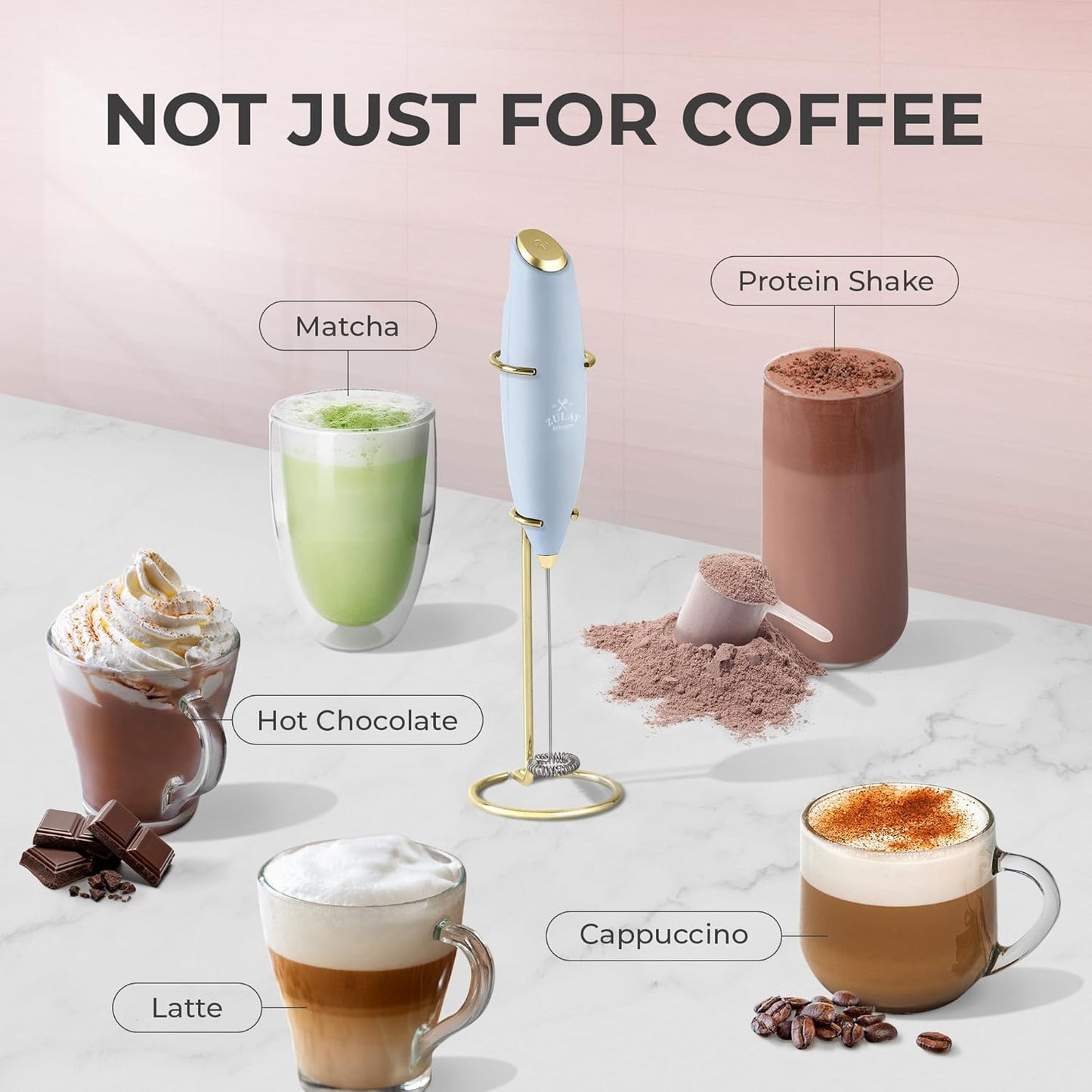 Zulay Kitchen Powerful Milk Frother Wand With 4 AA Duracell Batteries - Ultra Fast Handheld Drink Mixer - Electric Whisk Foam Maker for Coffee, Lattes, Cappuccino, Matcha, Hot Chocolate & Creamer