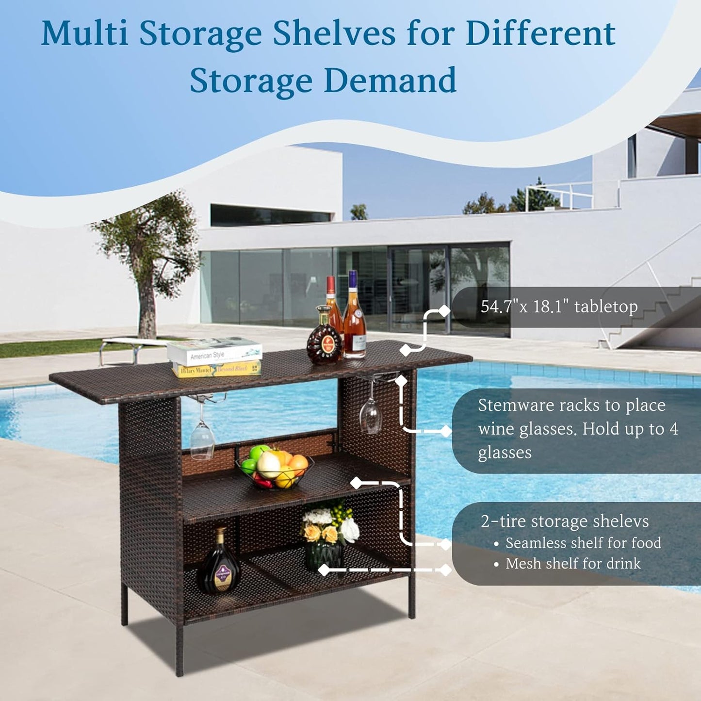 Outvita Outdoor Bar Counter Table, Patio Wicker bar Table with 2 Layer Shelves and Wine Racks for Poolside, Backyard, Garden, Porches Brown