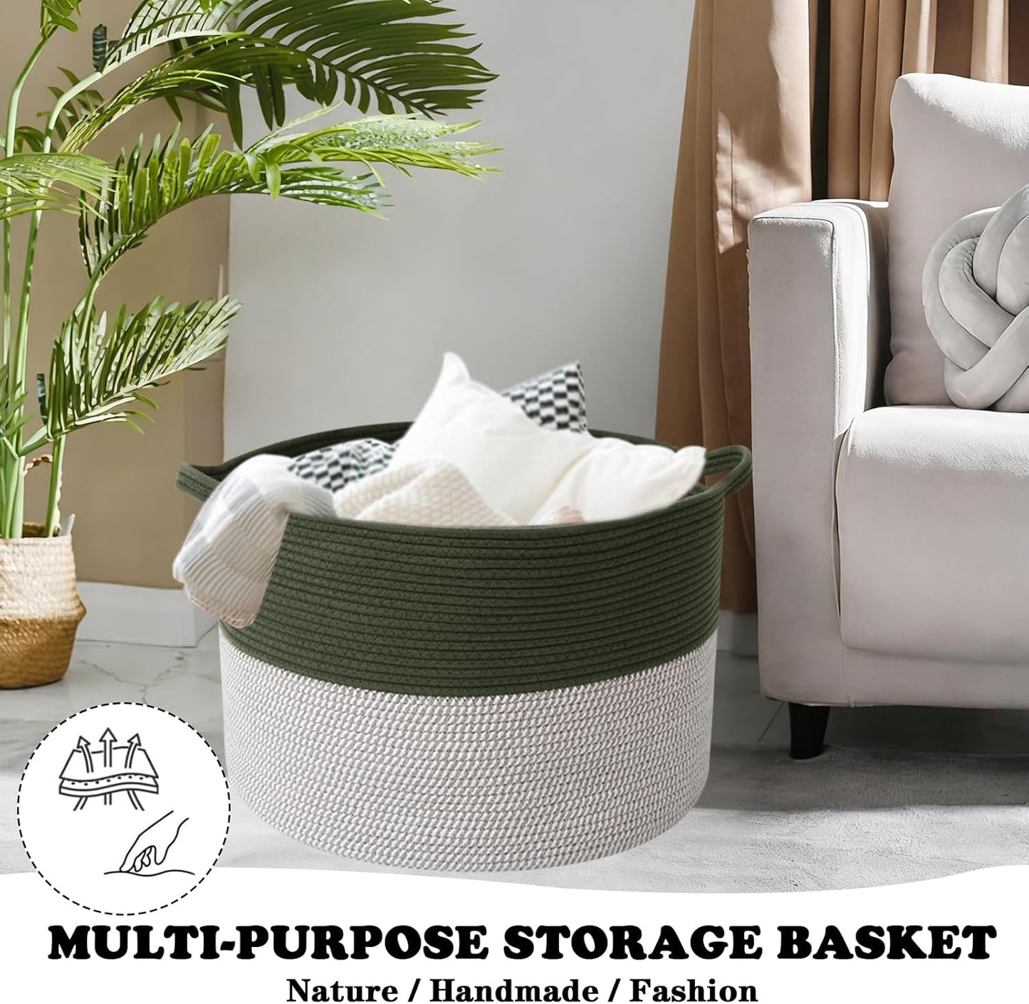 Large Blanket Basket for Organizing,65L Closet Organizers and Storage Bins Box for Shelves Woven Rope Storage Baskets,Living Room,Bedroom,Dorm,Laundry room (Green&White)