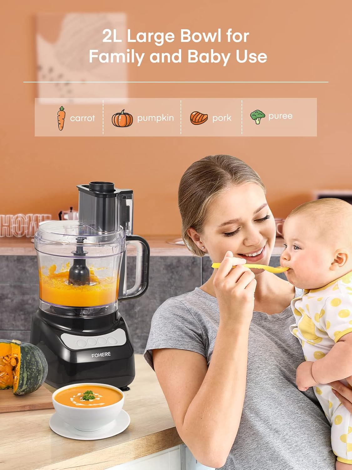 FOHERE Food Processor, 12 Cup, 2-in-1 Feed Chute Vegetable Chopper & Meat Grinder for Mincing, Dicing, Shredding, Puree & Kneading Dough, Stainless Steel