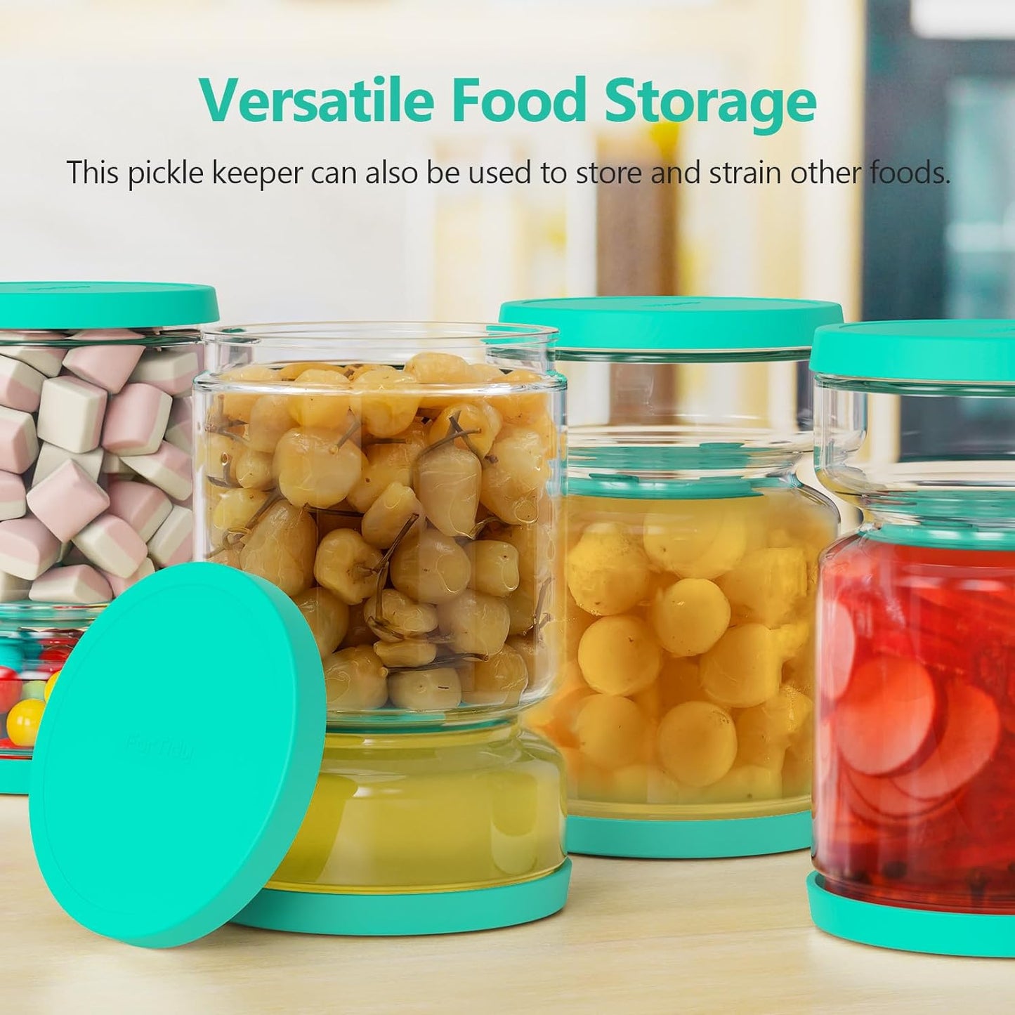 Glass Pickle Jar with Strainer for Pickle Lover - 50 oz Airtight Olive Container with Silicone Lids, Kitchen Organization Must-Have Versatile Hourglass Jar, BPA-Free, Dishwasher Safe (Green)