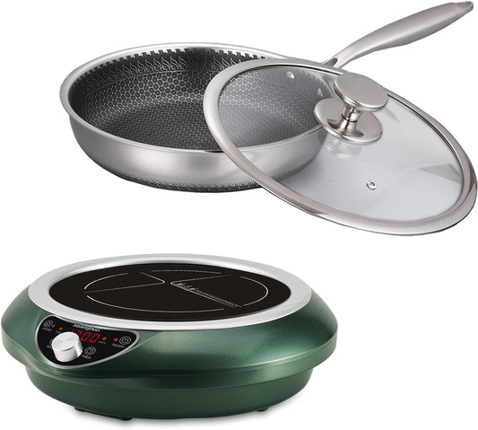 Induction Cooktop with Skillets1800W 120V Burner Cooker Nonstick Flat Pan Electric Stove Hot Plate Heat Evenly Fry Pan for Steak