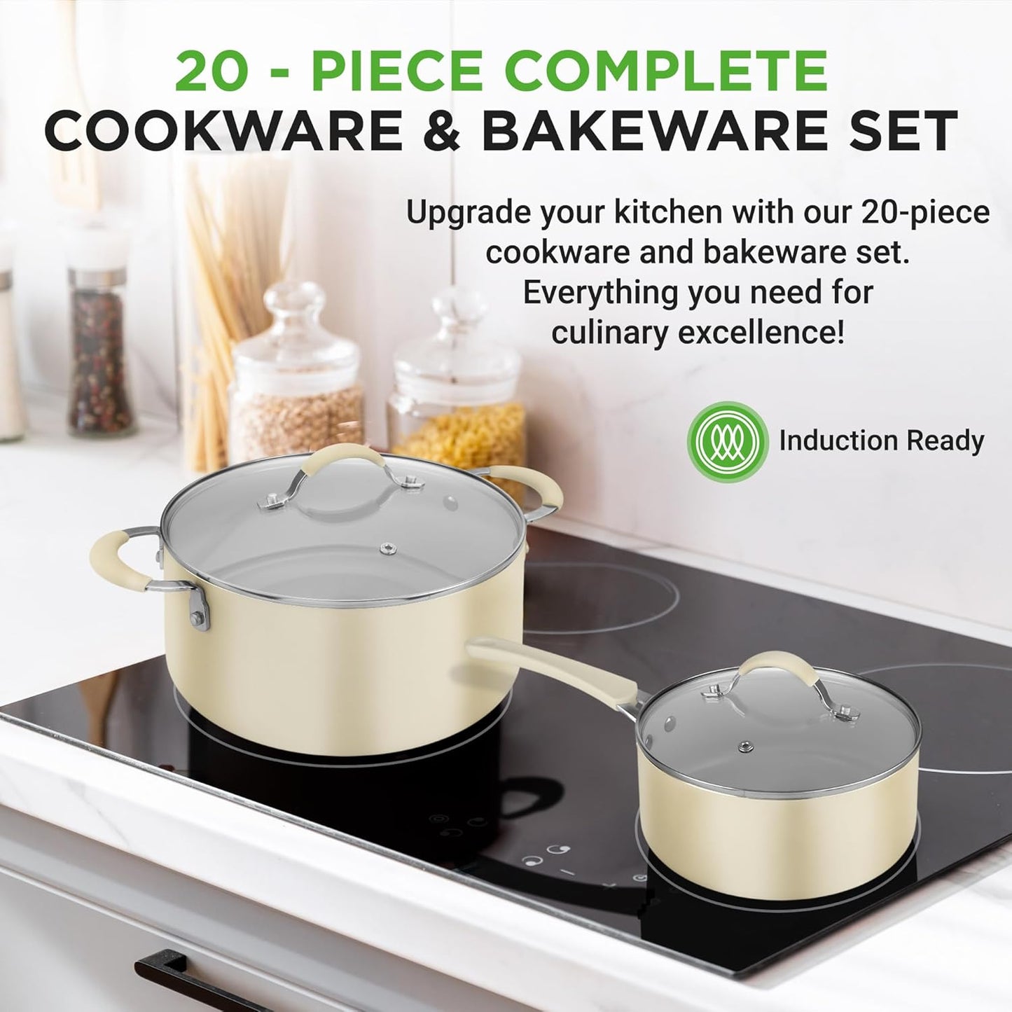 NutriChef 20-Piece Non-Stick Bakeware and Cookware Set - Utensils Including Pots and Baking Pans Made with Durable Aluminum, Tempered Glass Lids, Heat-Resistant Utensils, Easy-Clean Design (White)
