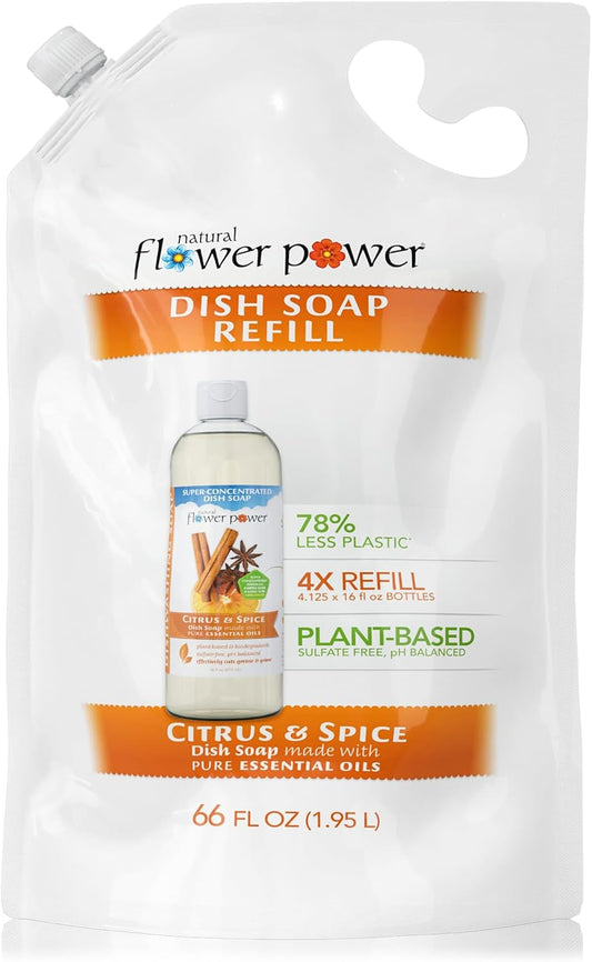 Liquid Dish Soap Refill – 66 Fl Oz Refills 4X – Plant-Based & Scented w/Pure Essential Oils – Natural Dishwashing Detergent – Sulfate-Free Kitchen Soap (Citrus & Spice)