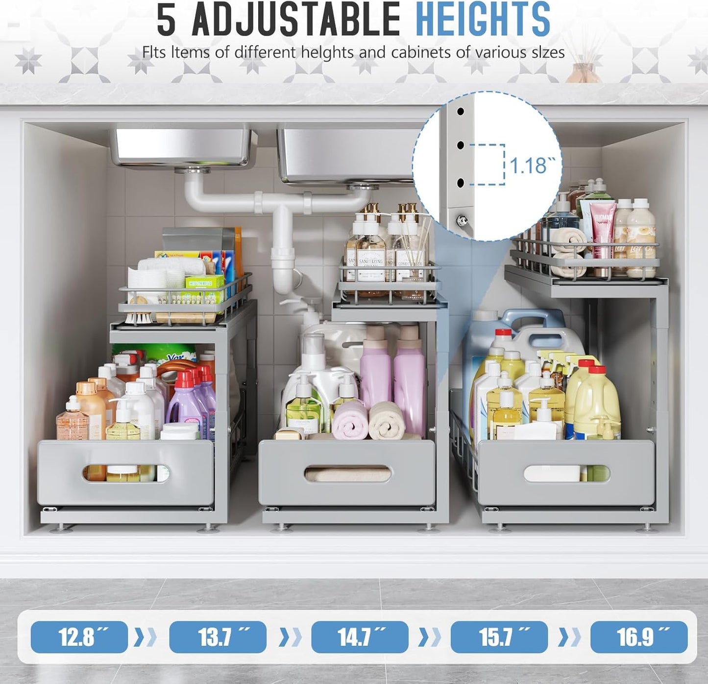 2 Pack Under Sink Organizer Upgrade to Professional Rails,2-Tier Dual Pull Out Cabinet Storage,Height Adjustable Slide Out Drawers for Bathroom Kitchen,Under Sink Shelf-Gun Gray