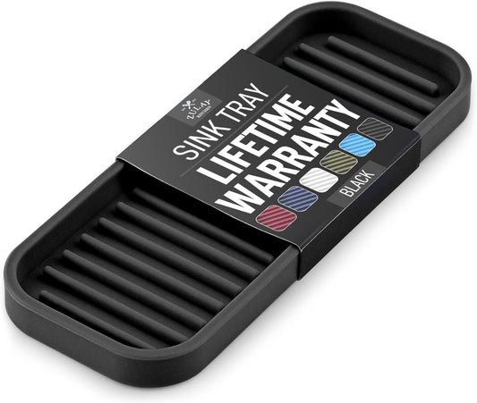 Zulay Kitchen (9x3.5) Silicone Sponge Holder for Kitchen Sink - Flexible Multipurpose Soap Tray Sponge Holder - Sink Organizer Tray for, Bathroom, Makeup, Trinkets & More (Black)