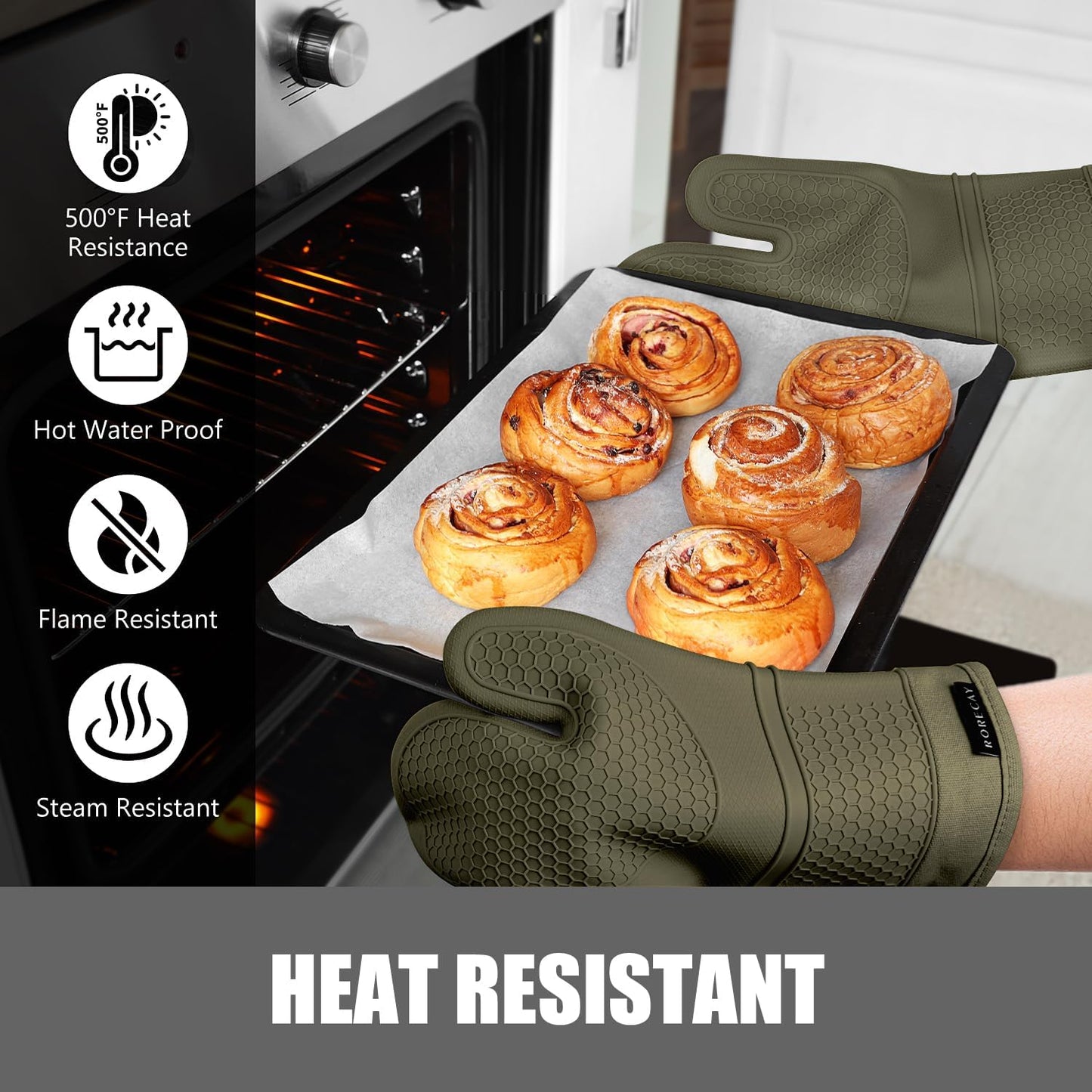 Rorecay 6pcs Oven Mitts and Pot Holders Sets for Kitchen, Extra Long Silicone Oven Gloves Heat Resistant 500 Degrees Non-Slip Potholders Hot Pads for Baking Cooking, Forest Night