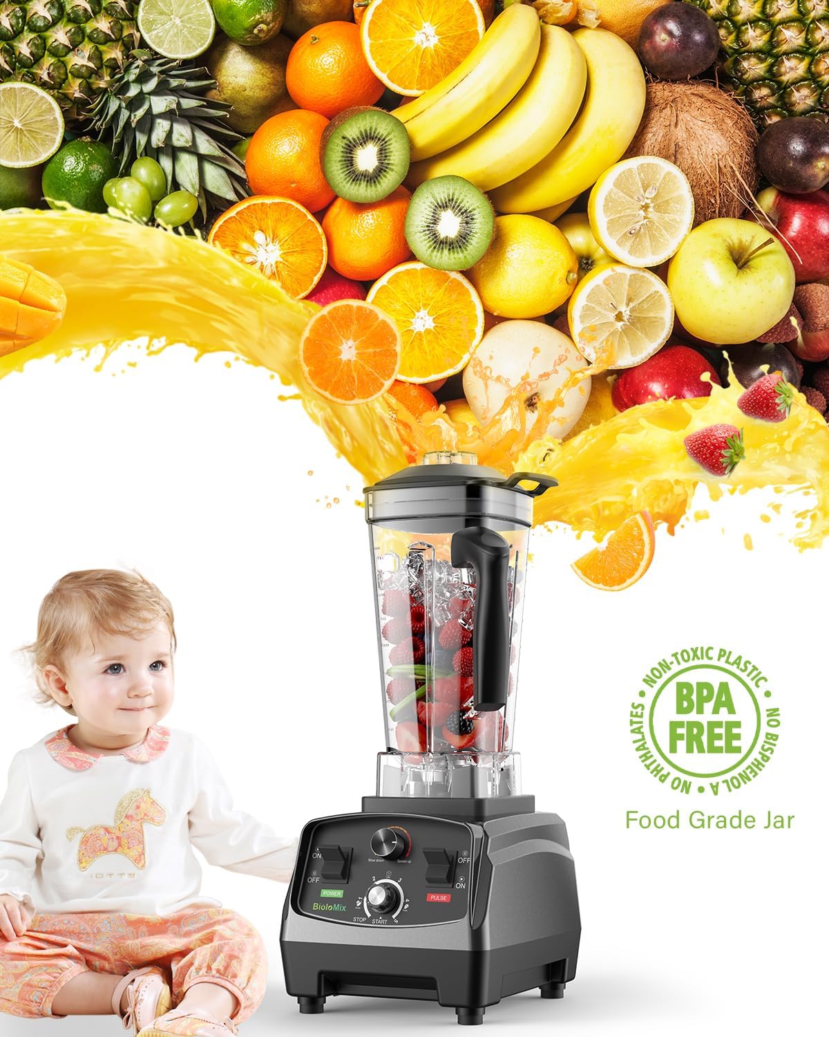 BioloMix Professional Blender,Smoothie Blender,Blender for Kitchen with 2200 Watt Motor,68 Oz Large Capacity, High Speed Blender for Shakes, Smoothies, Ice Crushing, Frozen Fruits (with Extra Parts)