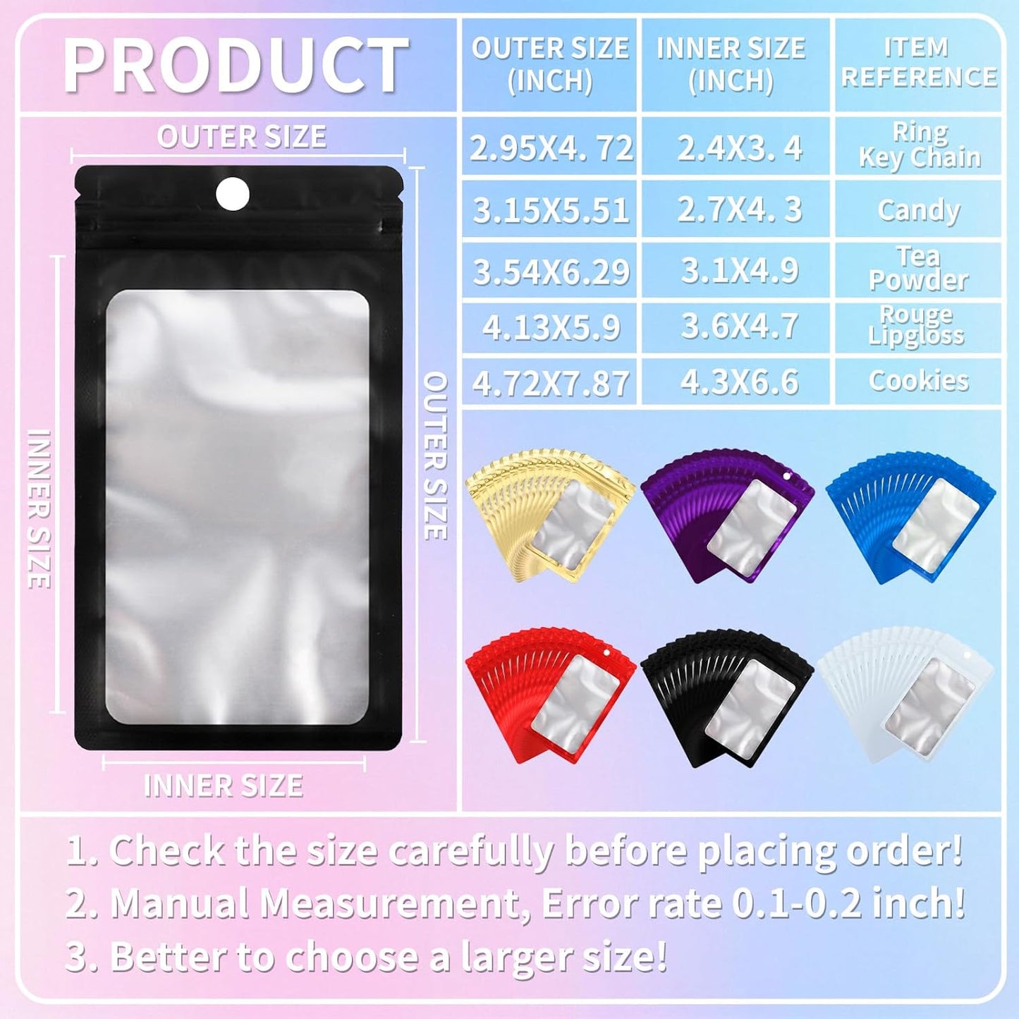 200 Pack Resealable Mylar Holographic Bags Food Storage Smell Proof Bags with Front Window Foil Packaging Pouch for Candy Sample Jewelry Small Business 2.95×4.72 Inch, Purple