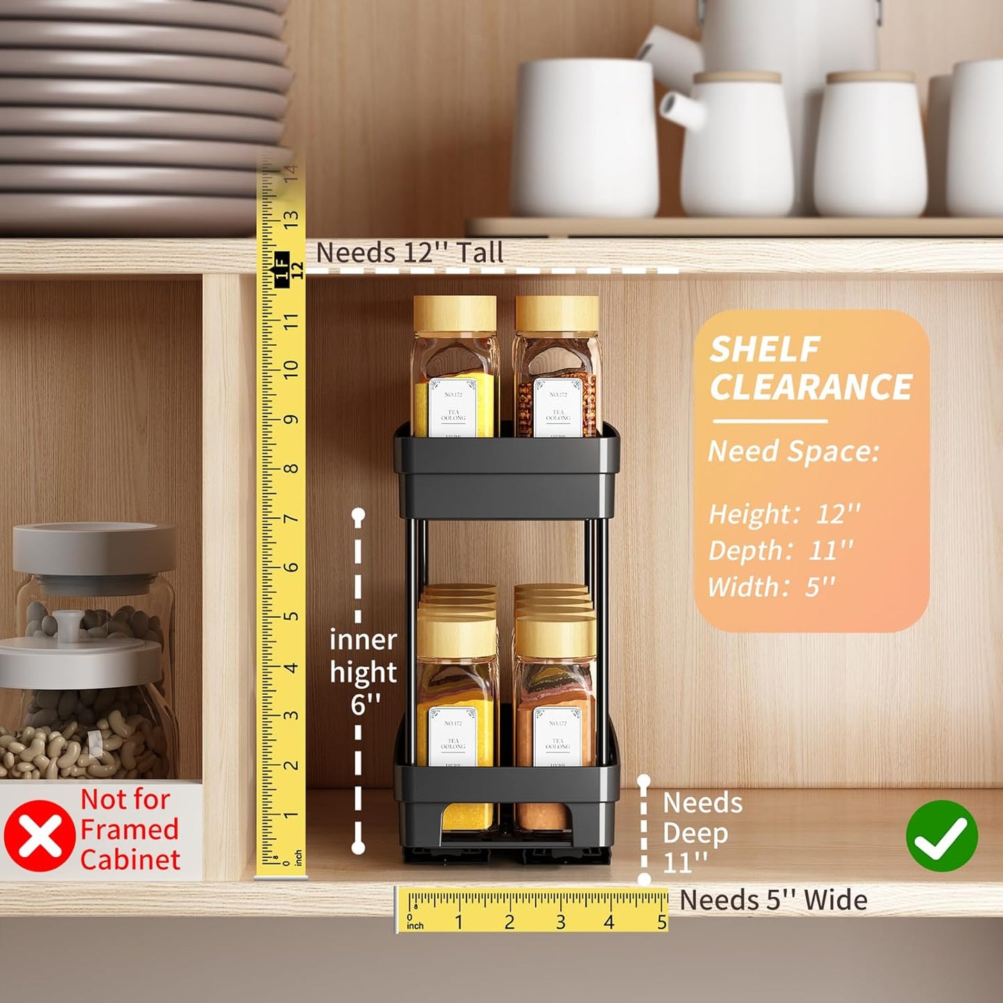 2 Pack Pull Out Spice Rack Organizer for Cabinet, 2Tier Slide Out Spice Racks Organizer, Spice Cabinet Organizers, Cabinet Size Need:12'' Highx11'' Deepx5'' Wide, Upgraded-Black