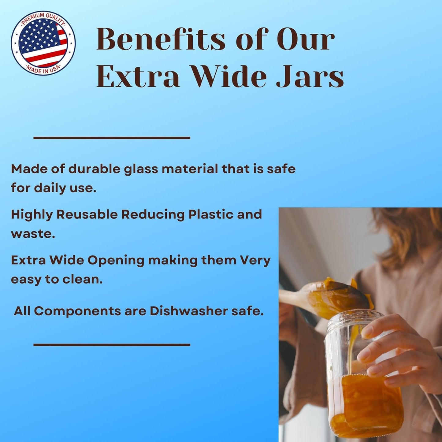 Jarming Collections Mason Jars - 32 Oz Extra Wide Mouth Glass Jars with Lids - Quart Containers - Made in USA (2 White Dome Plastic Lids)