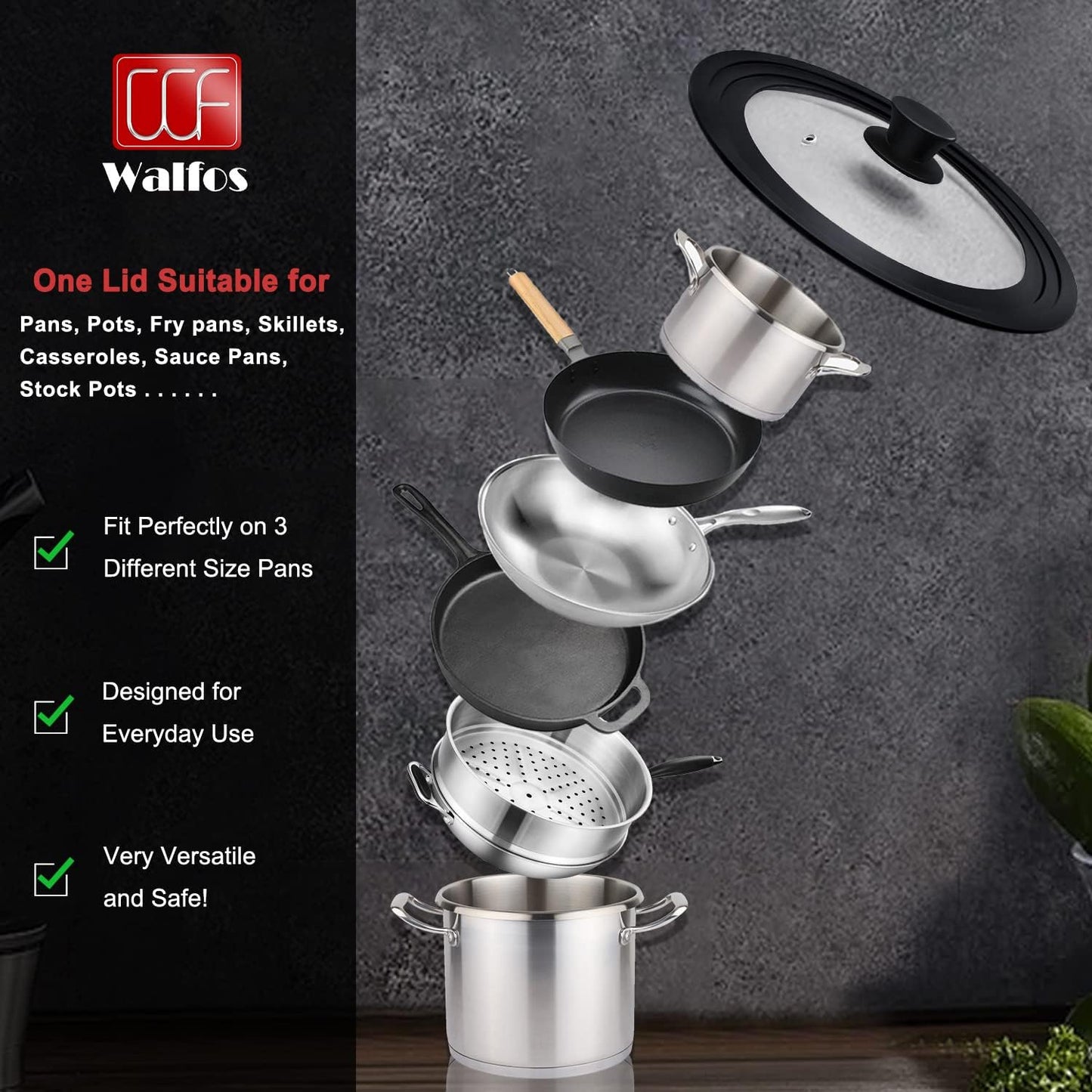 Universal Lid for Pots, Pans and Skillets - Tempered Glass with Heat Resistant Silicone Rim, Fits 11", 12" and 12.5" Diameter Cookware