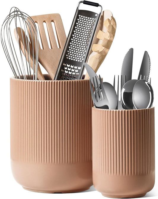 LE TAUCI Utensil Holder, 7.3"+5.4" Ceramic Kitchen Utensil Holder for Countertop, Large Cooking Utensil Crocks for Kitchen Counter, Modern Utensil Organizer for Spatula, Set of 2, Dusty Pink