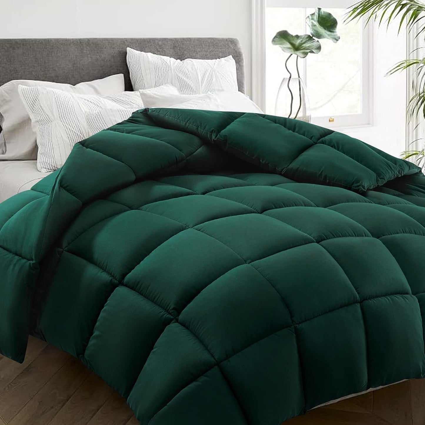 HYLEORY All Season Twin Size Bed Comforter - Cooling Goose Down Alternative Quilted Duvet Insert with Corner Tabs - Winter Warm - Machine Washable - Emerald Green