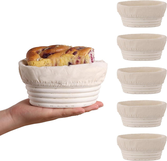 (6.7x4.7x3in) Mini Banneton Bread Proofing Basket Set of 6, Oval Sourdough Bread Basket with Liner Professional & Home Bread Baking Supplies (Small Oval)
