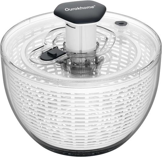 Ourokhome Salad Spinner Lettuce Dryer, One-handed Easy Press Large Vegetable Dryer Salad Mixer with Comfortable and Retractable Pusher and Brake Button for Greens, Herb, Berry, Fruits, 6.3 QT, Black