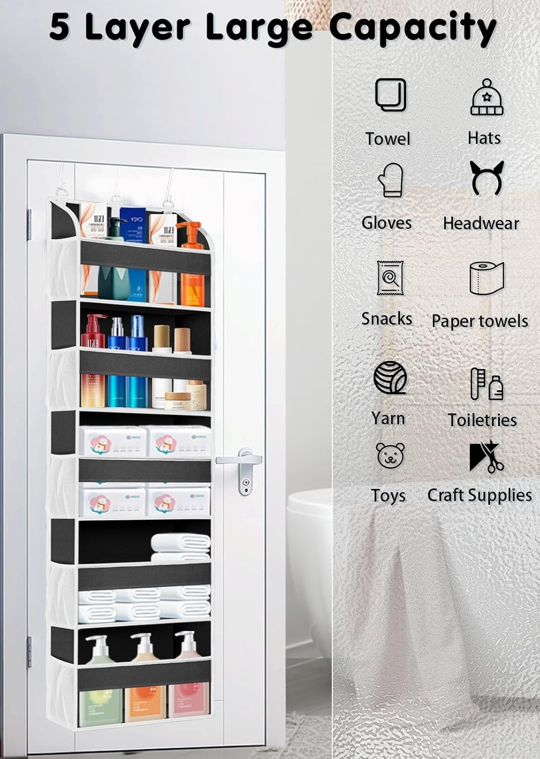 1 Pack Over The Door Organizer Storage, Hanging Organizer Closet with 5 Large Pockets 10 Mesh Pockets, 44 lbs Weight Capacity, Behind Door Storage for Nursery Bedroom Bathroom (Dark Grey)