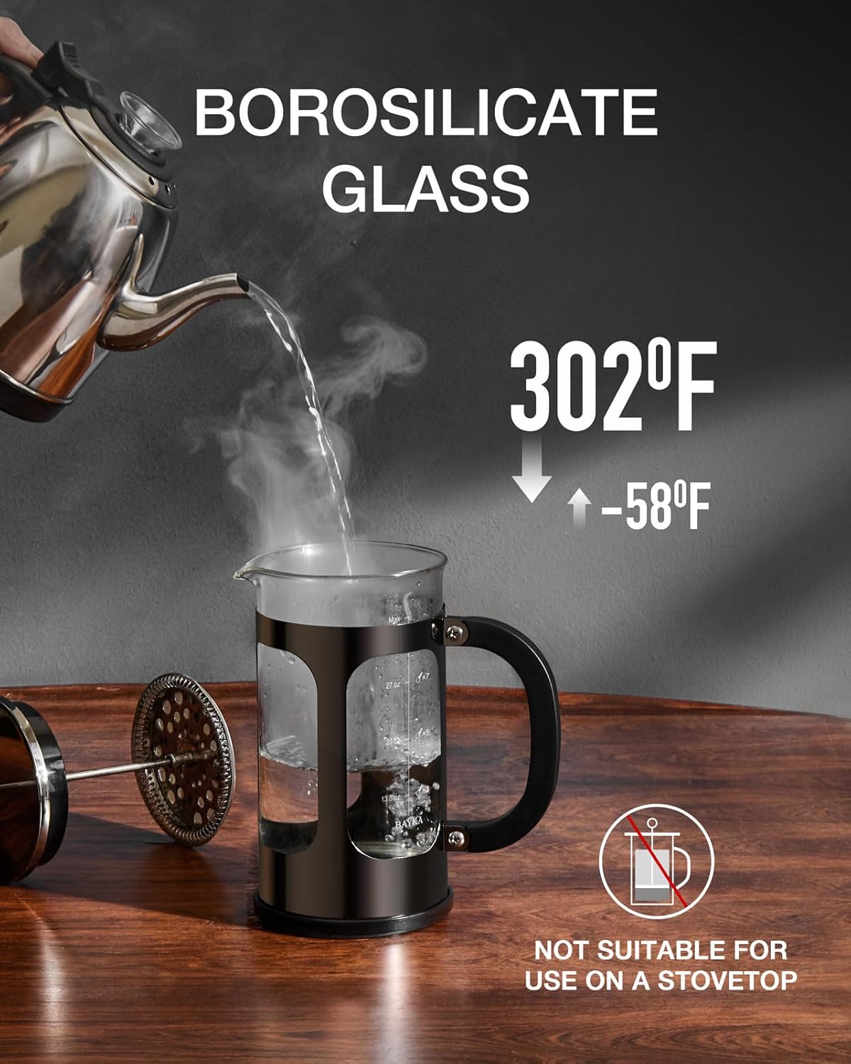 BAYKA French Press Coffee Maker 34 Ounce 1 Liter, Borosilicate Glass Stainless Steel Brewer, Large Portable Cold Brew Cafetera Teapot for Kitchen Travel Camping Coffee Bar Accessories, Dark Pewter