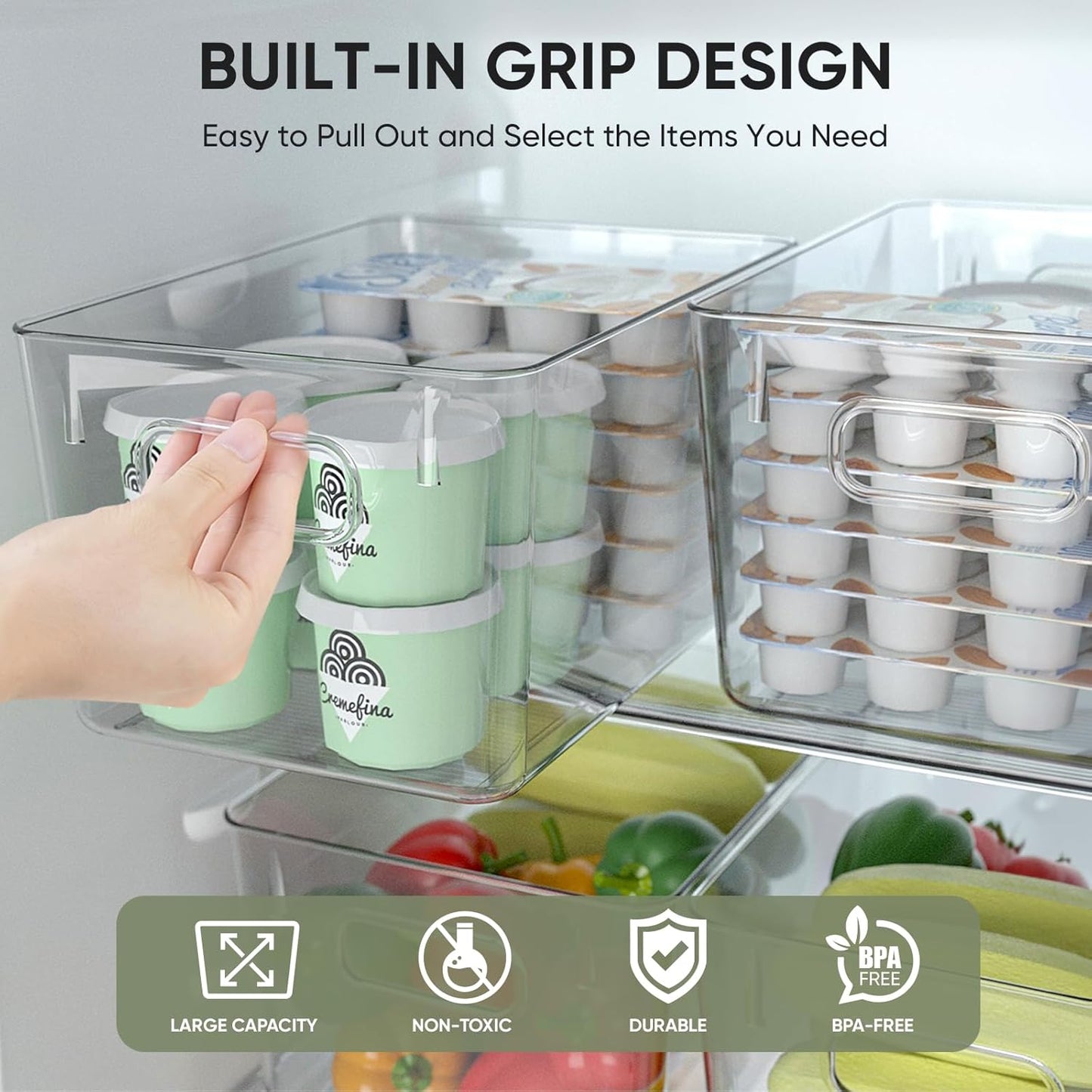 BALEINE Clear Plastic Storage Bins, Pantry Organization, BPA Free Stackable Refrigerator Organizers and Storage with Handles for Kitchen Fridge Cabinet Bathroom (4PK, 11x7.5x6)