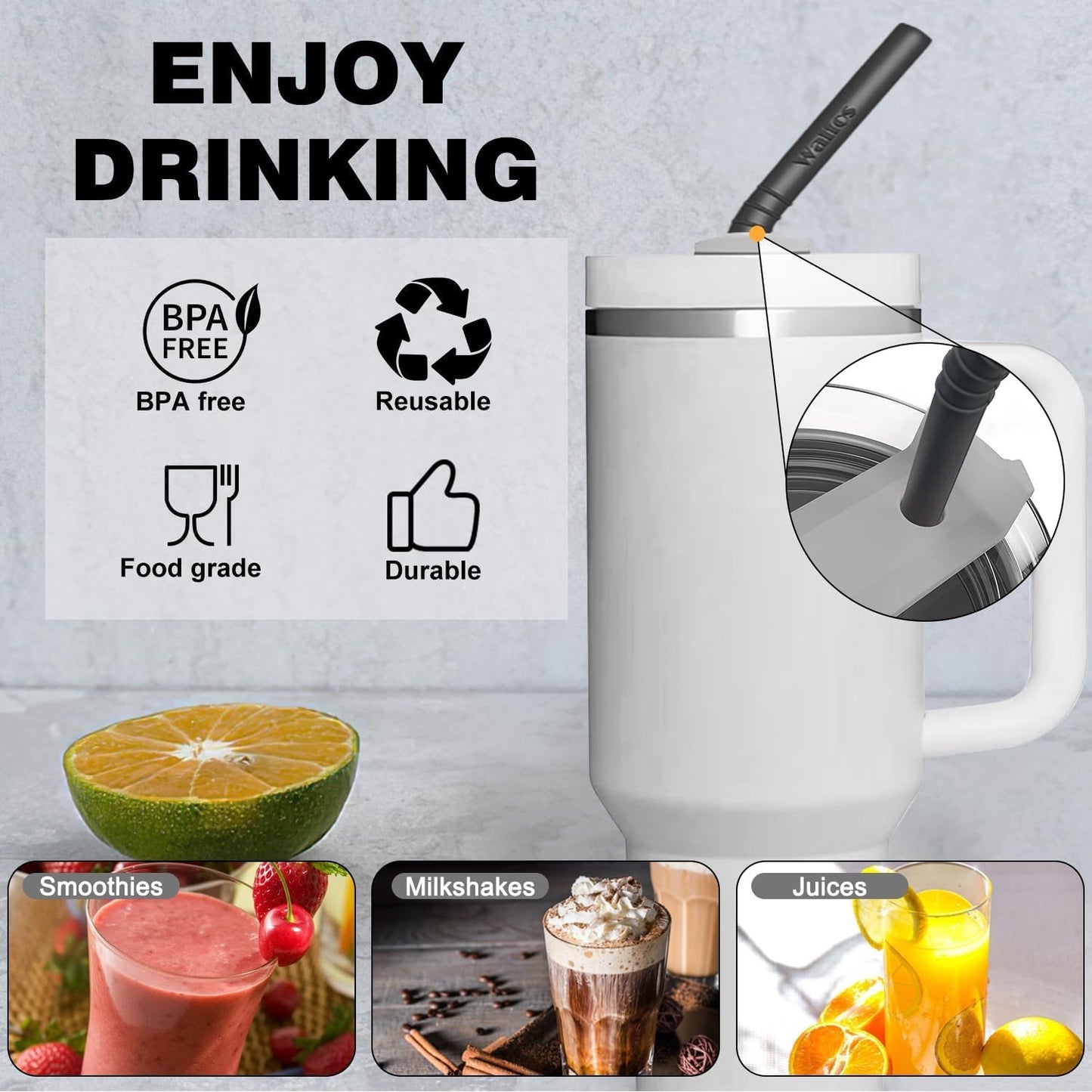 Walfos Reusable Silicone Straws -10.5 Inch Flexible Drinking Bendy straws for Smoothies/20 & 30 oz Tumblers, BPA Free (6 pcs Wide + 1 Cleaning Brushes ）