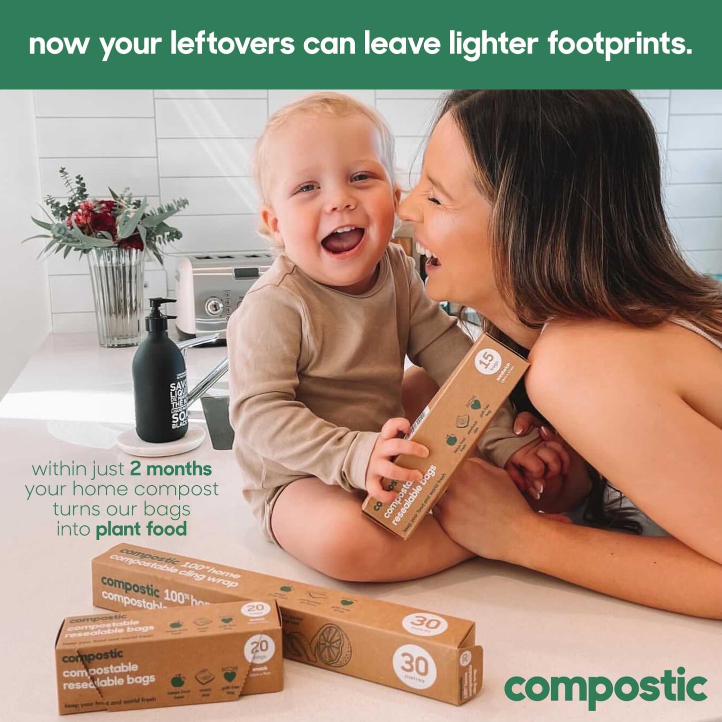 Compostic Home Compostable Resealable Snack Bags (6"x 3.5"), Microwave & Freezer Safe, Organic Food Storage Container, 100 Count (Pack of 2)