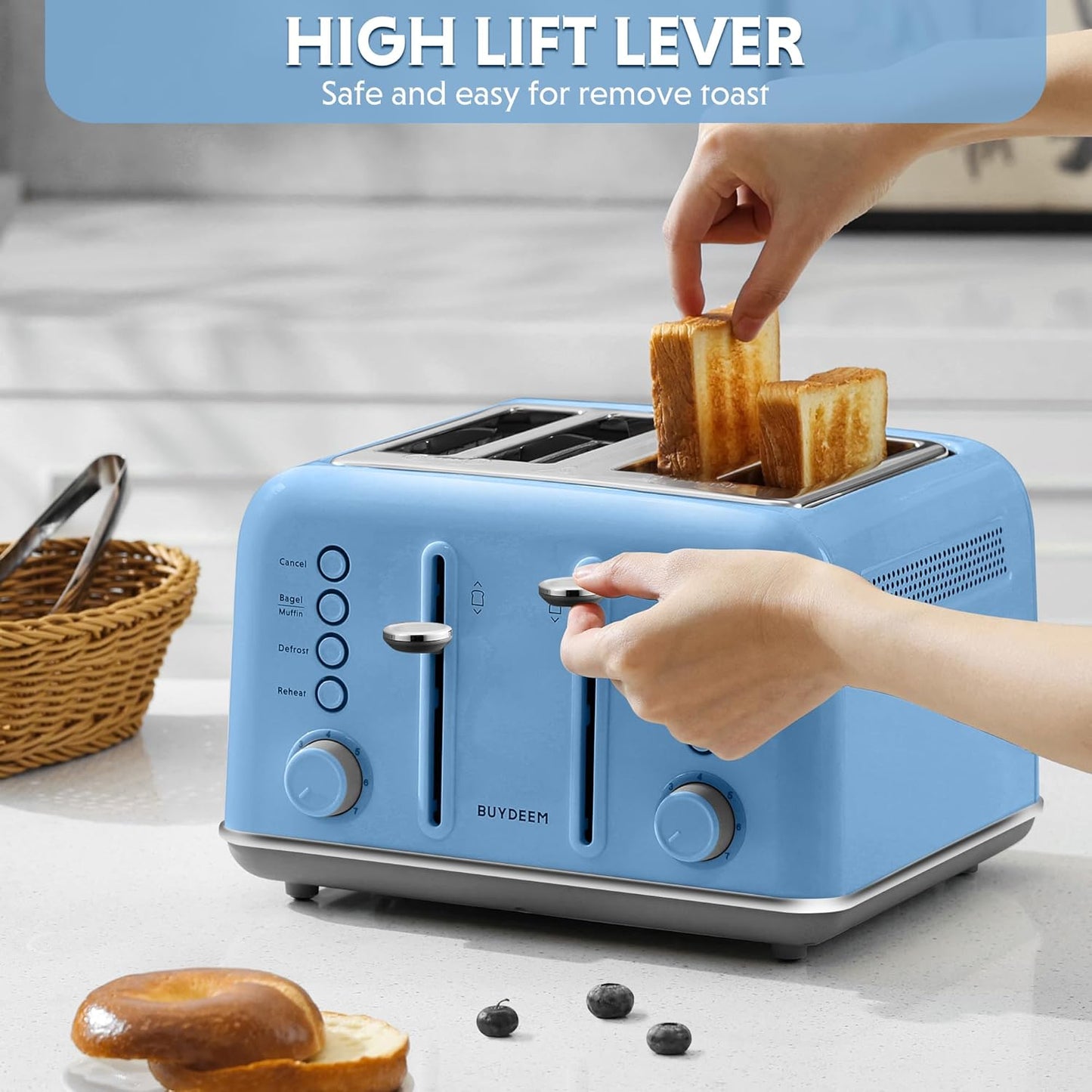 BUYDEEM DT640 4-Slice Toaster, Extra Wide Slots, Retro Stainless Steel with High Lift Lever, Bagel and Muffin Function, Removal Crumb Tray, 7-Shade Settings,Blue