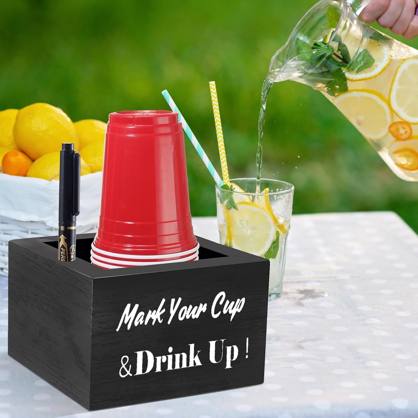 Wooden Party Cup Holder - With Marker Slot, Rustic Disposable Cup Holder for Bar, Kitchen, Countertop, Home & Office, Black