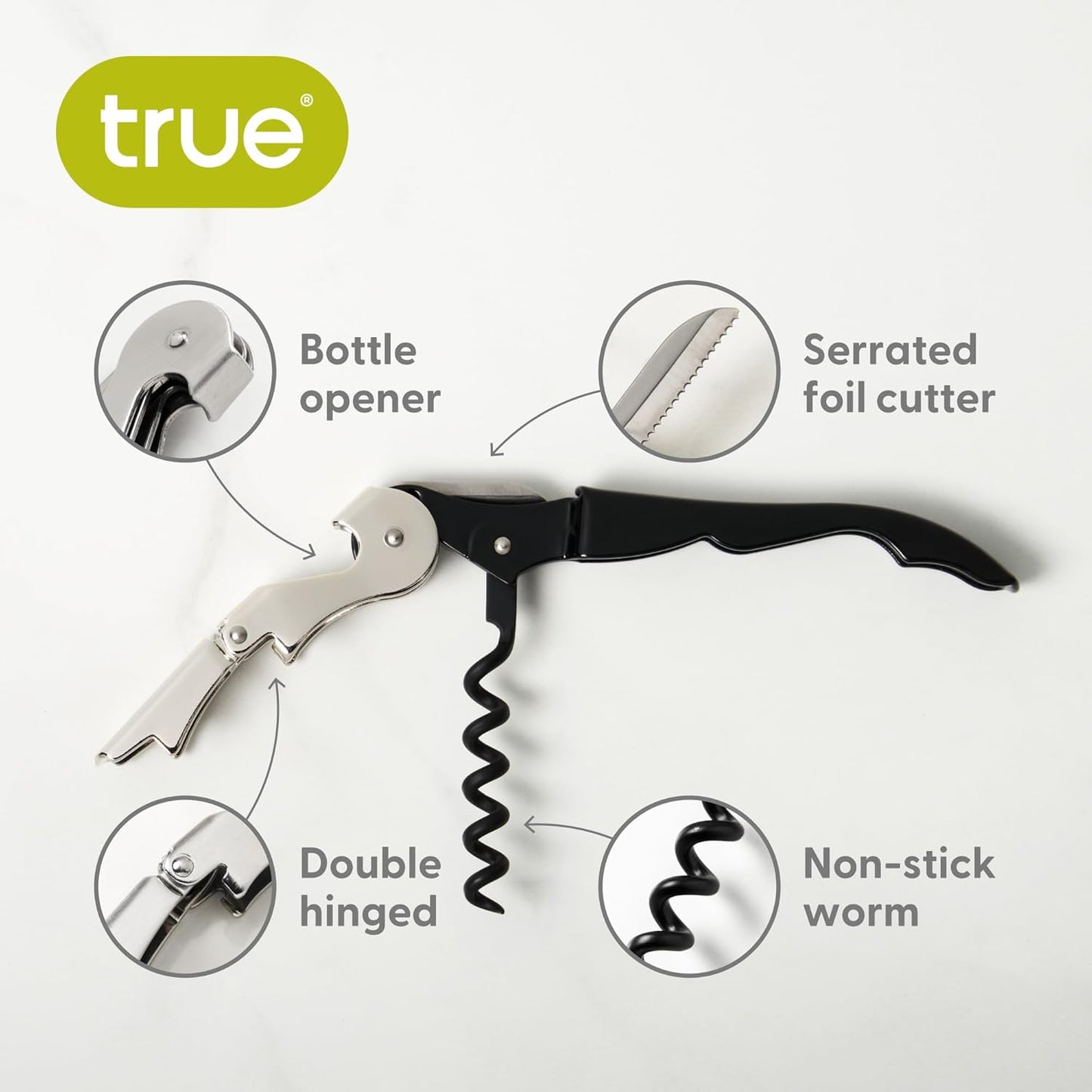 True TrueTap Double Hinged Waiter’s Corkscrew, Black Wine Bottle Opener with Foil Cutter, Wine Key