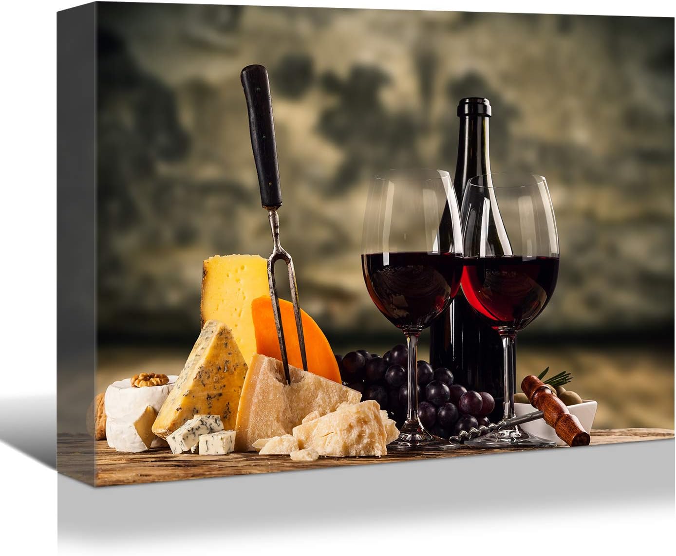 Looife Kitchen Still Life Canvas Wall Art, 24x16 Inch Gallery Wrapped Red Wine with Cheese Picture Prints Wall Decor, Food Art Deco for Dining Room and Bar Decoration