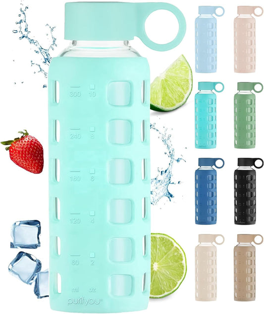 purifyou 40oz / 32oz / 22oz / 12oz Borosilicate Glass Water Bottle with Time & Volume Markers, Silicone Sleeve, Stainless Steel Lid – Reusable Glass Bottle for Water & Juice (12oz Glow-in-the-Dark)