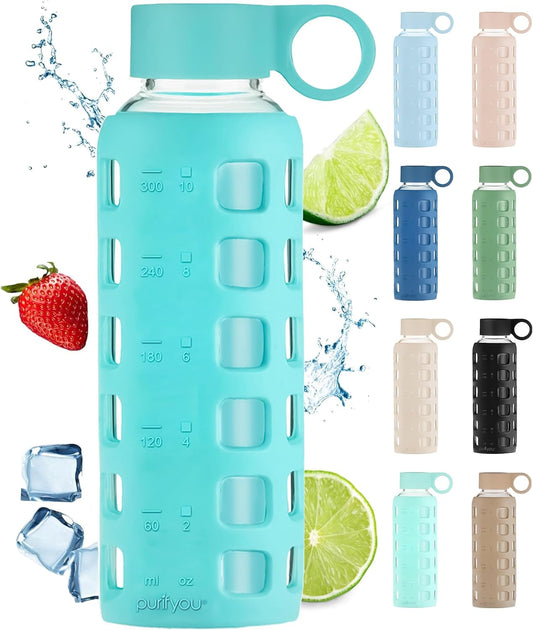 purifyou 40oz / 32oz / 22oz / 12oz Borosilicate Glass Water Bottle with Time & Volume Markers, Silicone Sleeve, Stainless Steel Lid – Reusable Glass Bottle for Water & Juice (12oz Aqua Blue)