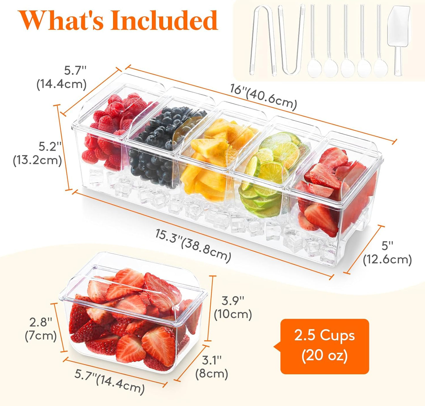 Lifewit Taco Bar Serving Set for Party with 5 Containers(2.5 Cup) & Components, Large Ice Chilled Condiment Caddy Organizer, Garnish Serving Tray Platter for Mimosa Bar Accessories, Fruit, Salad, Food