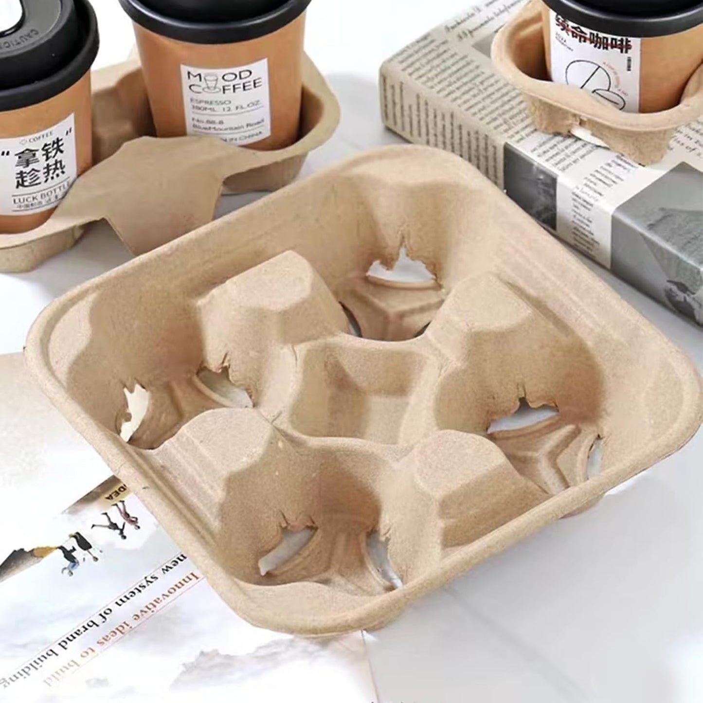 Take-Out Paper Bags and Four Drink Paper Trays 25 Pack, Four Cup Carrier Tray Coffee Cup Holder Disposable Cup Holder Tray,Brown Baper Bags with Handles Bulk (Four-Cup Size)
