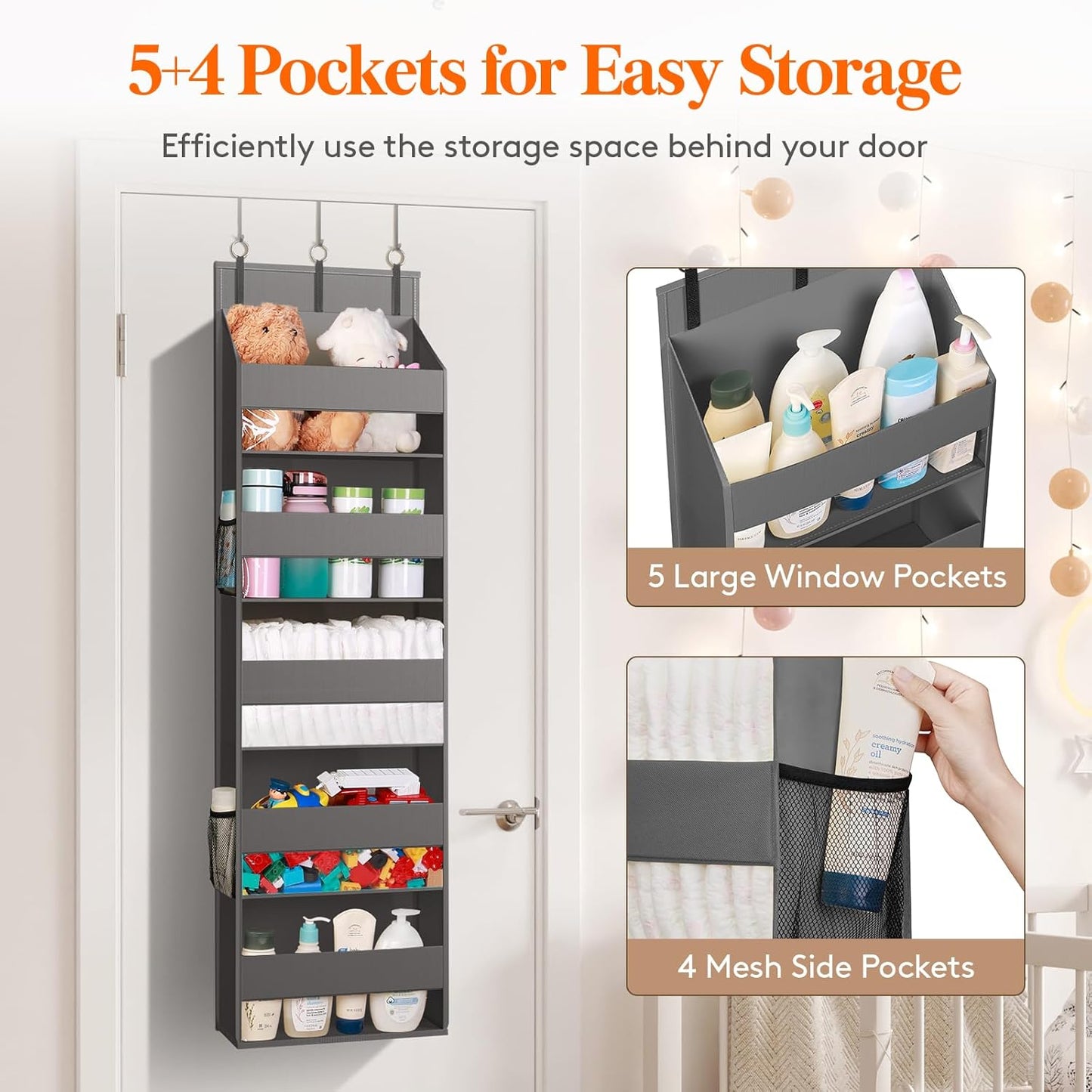 Lifewit 4 Packs Over the Door Organizer, 5 Shelf Clear Window Hanging Storage with 4 Mesh Side Pockets, Anti Tilt 40 lbs Load Behind Door for Pantry, Nursery, Bathroom, Bedroom, Kitchen, Dorm, Grey