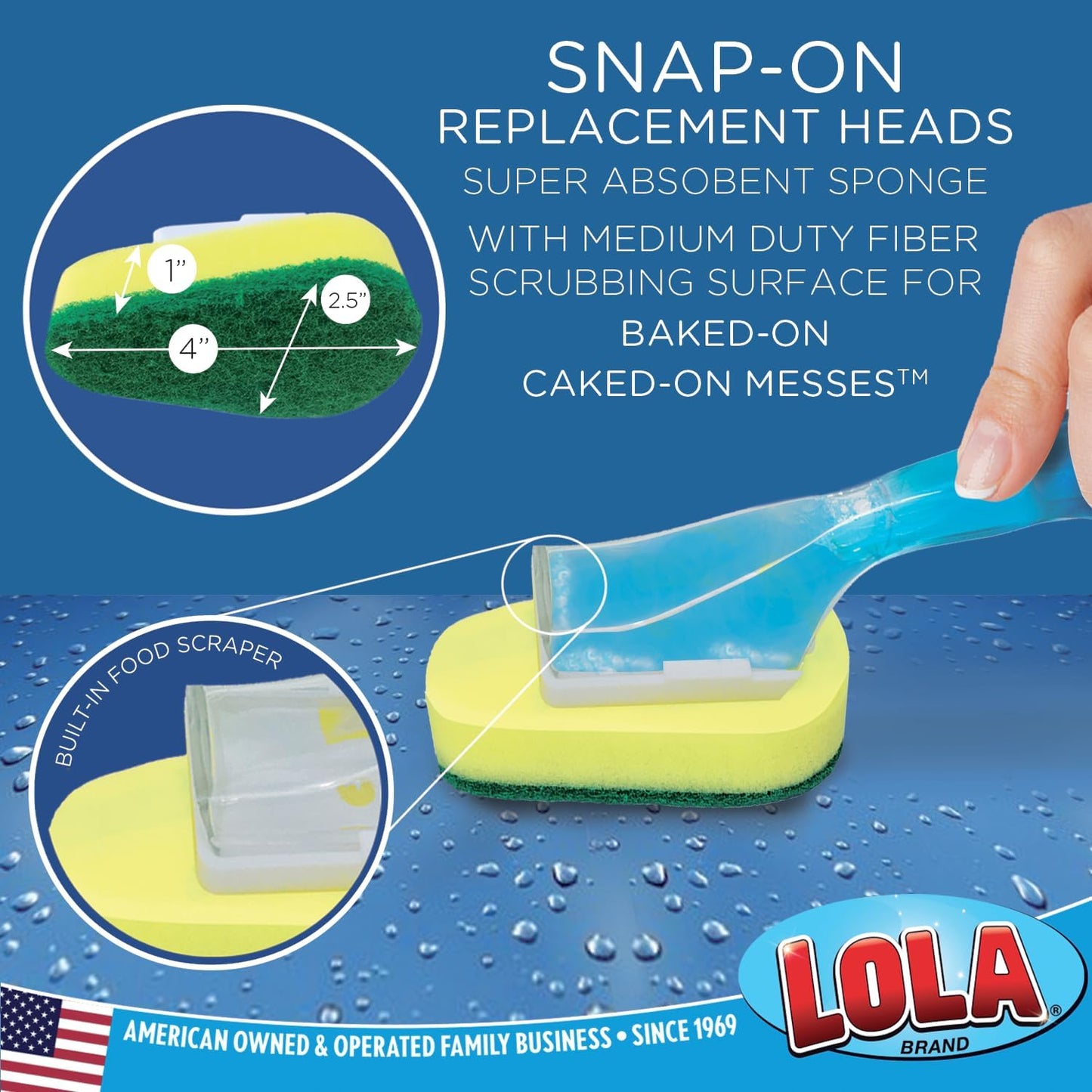 LOLA Soap Dispenser Dish Wand Sponge Head Refills, 2 Pack, Super Absorbent Scrubber, Non-Scratch, for Cleaning Dishes, Sinks and Cookware