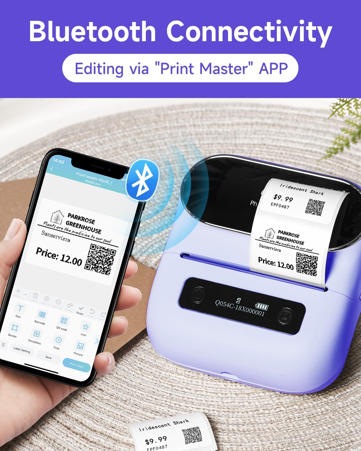 Phomemo M220 Label Maker, Bluetooth Thermal Label Maker Machine for Barcode, Address, Home, Mailing, Small Business,Clothing, Portable Wireless Printer with 1 Rolls Label, Purple
