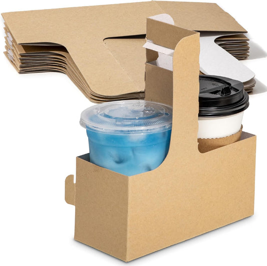 FMP Brands 2 Cup Disposable Drink Carrier with Handle, 250 Pack Kraft Paperboard Handled Drink Carriers 12-30 oz to Go Coffee Cup Holder, Cup Carrier for Cold Hot Drinks, Takeout, Cafe