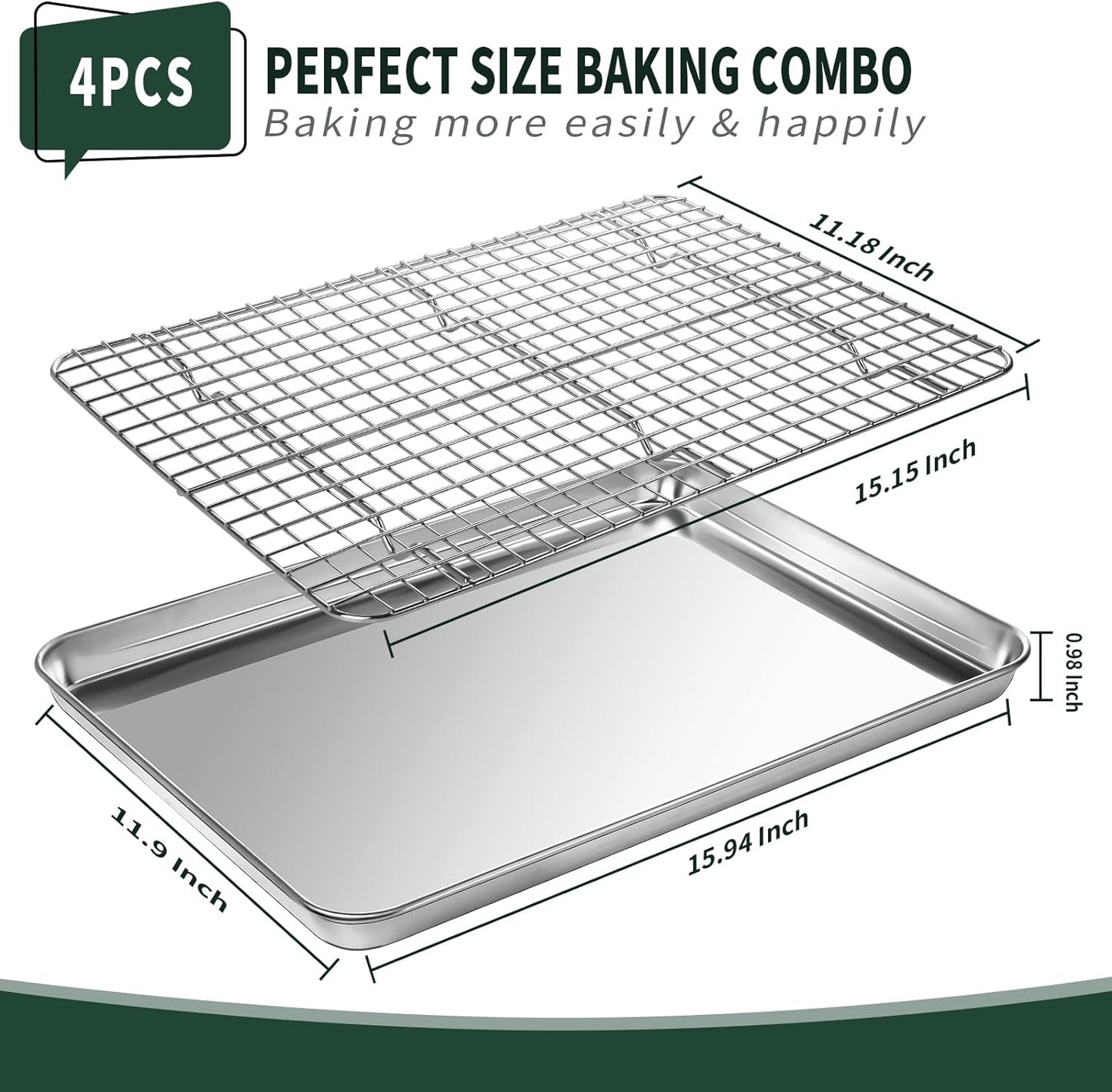 Jelly Roll Pan with Cooling Rack Set [2 Baking Pans + 2 Baking Racks], CEKEE Stainless Steel Baking Sheet Tray with Wire Rack Set, Commercial Quality, Rust Proof & Nonstick, Size 15.94 x 12 x 1 Inch