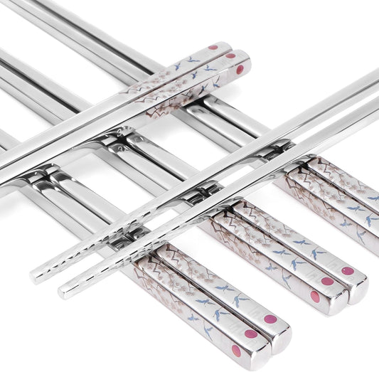 Stainless Steel Chopsticks, Titanium Plated Metal Chopsticks, 9.8" Premium Japanese Korean Color Laser Engraved Cooking Chop Sticks, Dishwasher Safe, Reusable, Anti-slip, Anti-scald, 2 Pairs Gift Set