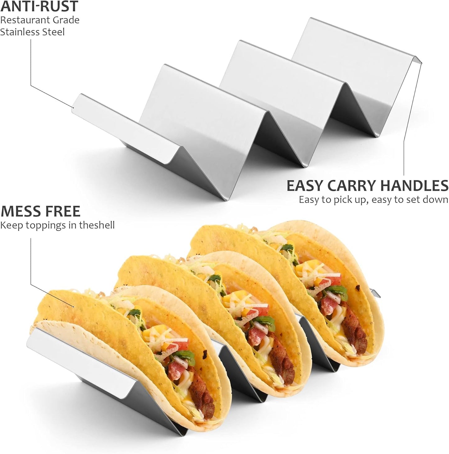 Smithcraft Taco Holder Stand, Stainless Steel Tacos Holders Tray, Oven Grill Safe Shell Holder With Handles, Fill Serve Rack Holds Up to 3 Tacos Each, Set of 4