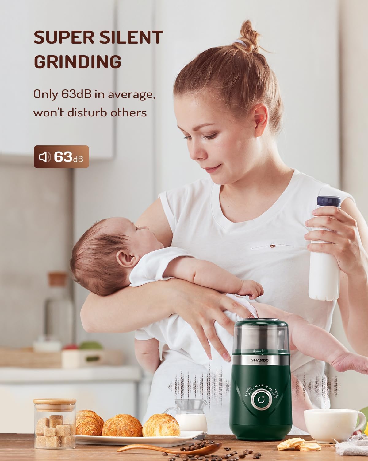 SHARDOR Electric Super Silent Blade Coffee Grinder, Timed Grind Control Rotary Knob, Adjustable Coarse to Fine for Coffee Beans, Spices & Herbs, with 1 Removable Stainless Steel Bowl, Green