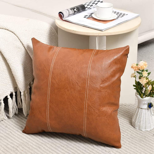 Fancy Homi Brown Boho Faux Leather Decorative Throw Pillow Covers 16x16 Inch for Living Room Couch Bed, Hand Stitched Accent Square Cushion Case 40x40 cm, Luxury Modern Farmhouse Home Decor