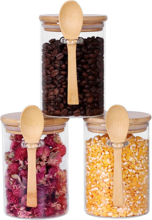 Glass Jar with Bamboo Lid and Spoon, 3 Pack 16 OZ Tea Containers for Loose Leaf Tea, Salt and Sugar Containers for Countertop, Yogurt Jars for Overnight Oatmeal