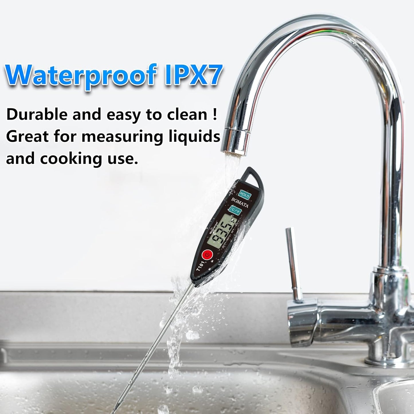 BOMATA Digital Water Thermometer for Water, Liquid, Candle and Cooking. Instant Read Food Thermometer Waterproof IPX7 with Long Probe for Cooking, Meat, BBQ! T101 (Black Color)…
