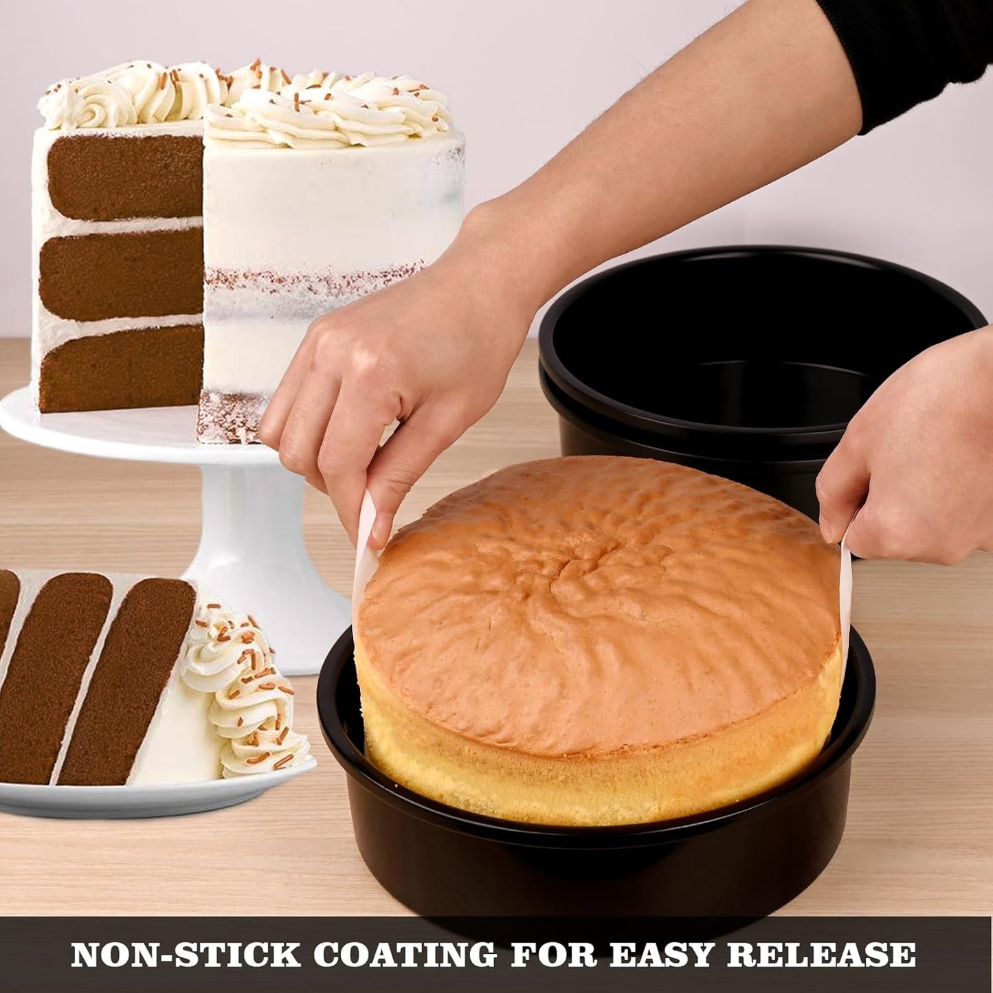 HUAKENER 8 Inch Cake Pan - Set of 3 Round Cake Pans with 100 Pieces Parchment Paper, Non-stick Cake Baking Pans, Dishwasher Safe