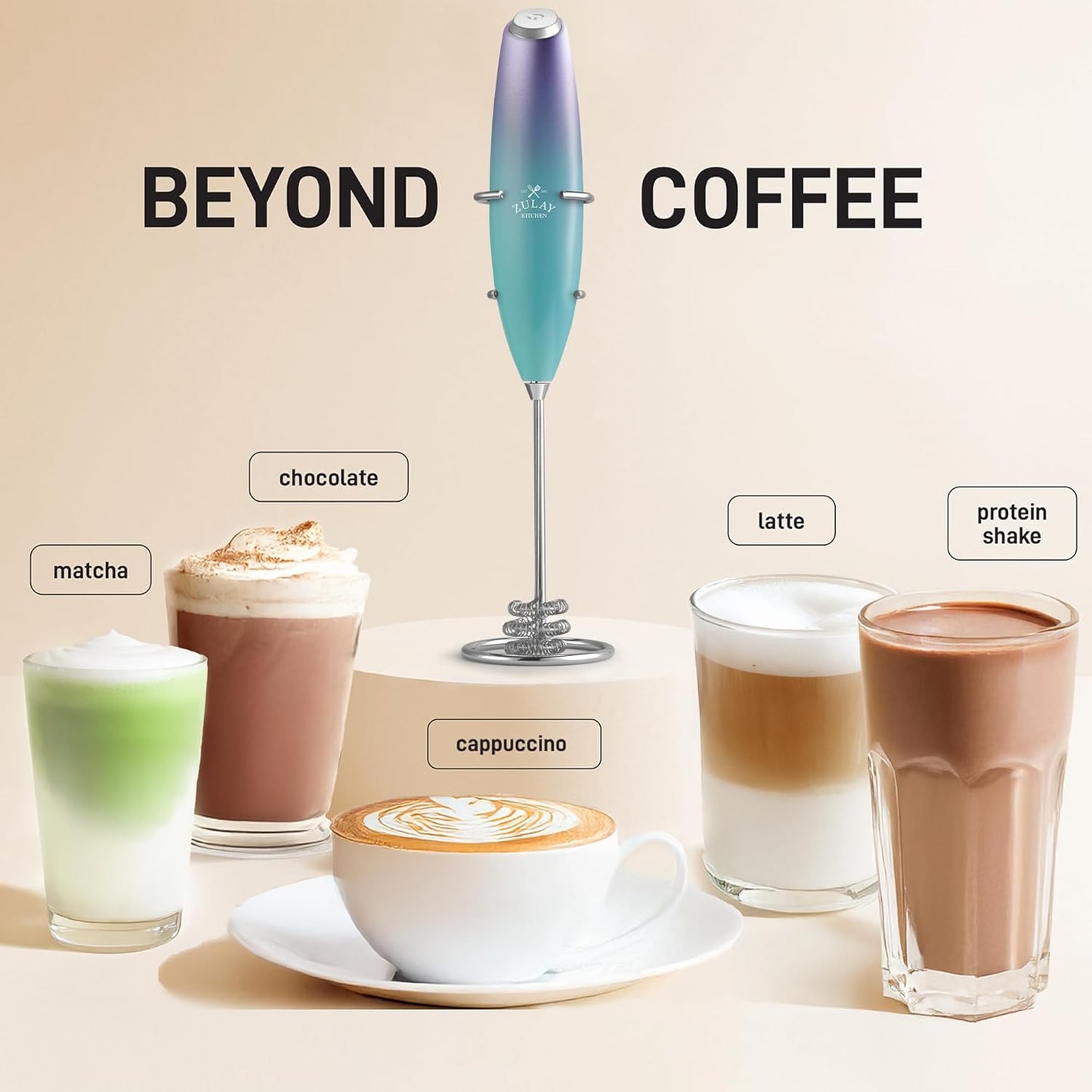 Zulay Kitchen Patented Tornado Triple Whisk Milk Frother with 4 Duracell Batteries – Handheld Foam Maker for Coffee, Lattes, Matcha & Hot Chocolate – Rich, Creamy Froth in Seconds