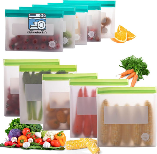 Reusable Silicone Food Storage Bags – 10-Pack Stand-Up, BPA-Free, Freezer, Dishwasher Safe & Eco-Friendly – 5 Gl, 5 L Bags – Airtight Leakproof Silicone Ziplock Bags for Kitchen Storage (Multicolor)