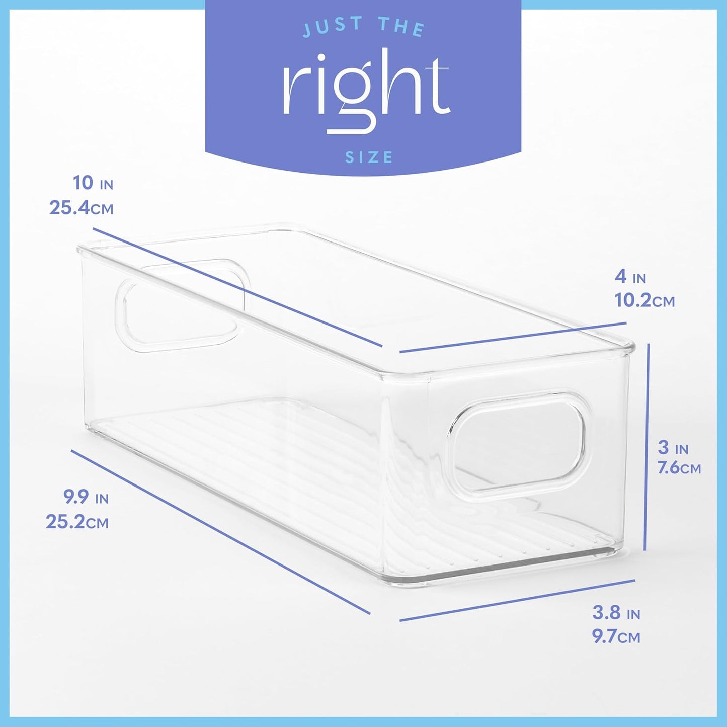 Plastic Food Storage 4 Pack Clear Container Bin with Handles for Organizing Kitchen, Pantry, Fridge, Freezer, Pantry,Bathroom. Stackable. 10"x4"3"
